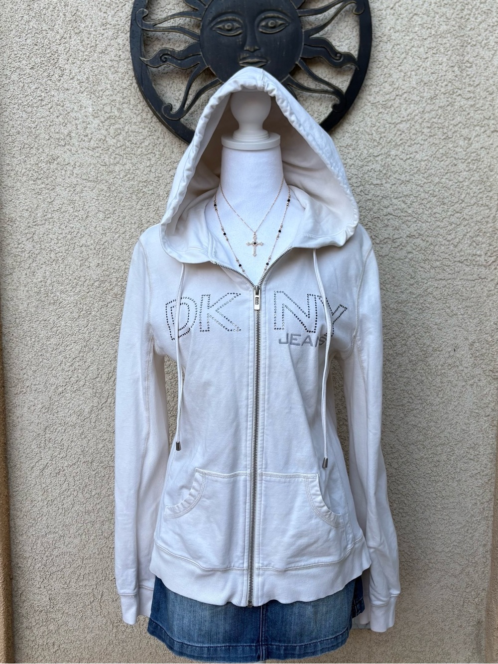 DKNY Jeans White Diamanté Design Zip Up Hoodie Y2K Streetwear